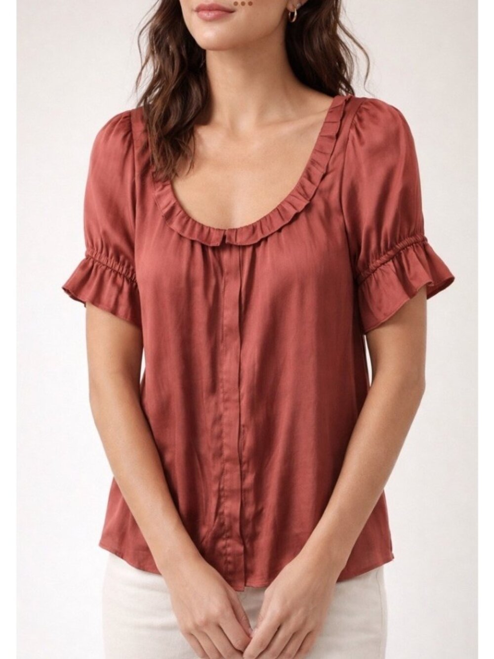 J.Crew Women's Ruffle Featherweight Satin Top Size XXS Blouse Rust Red Shirt Slv